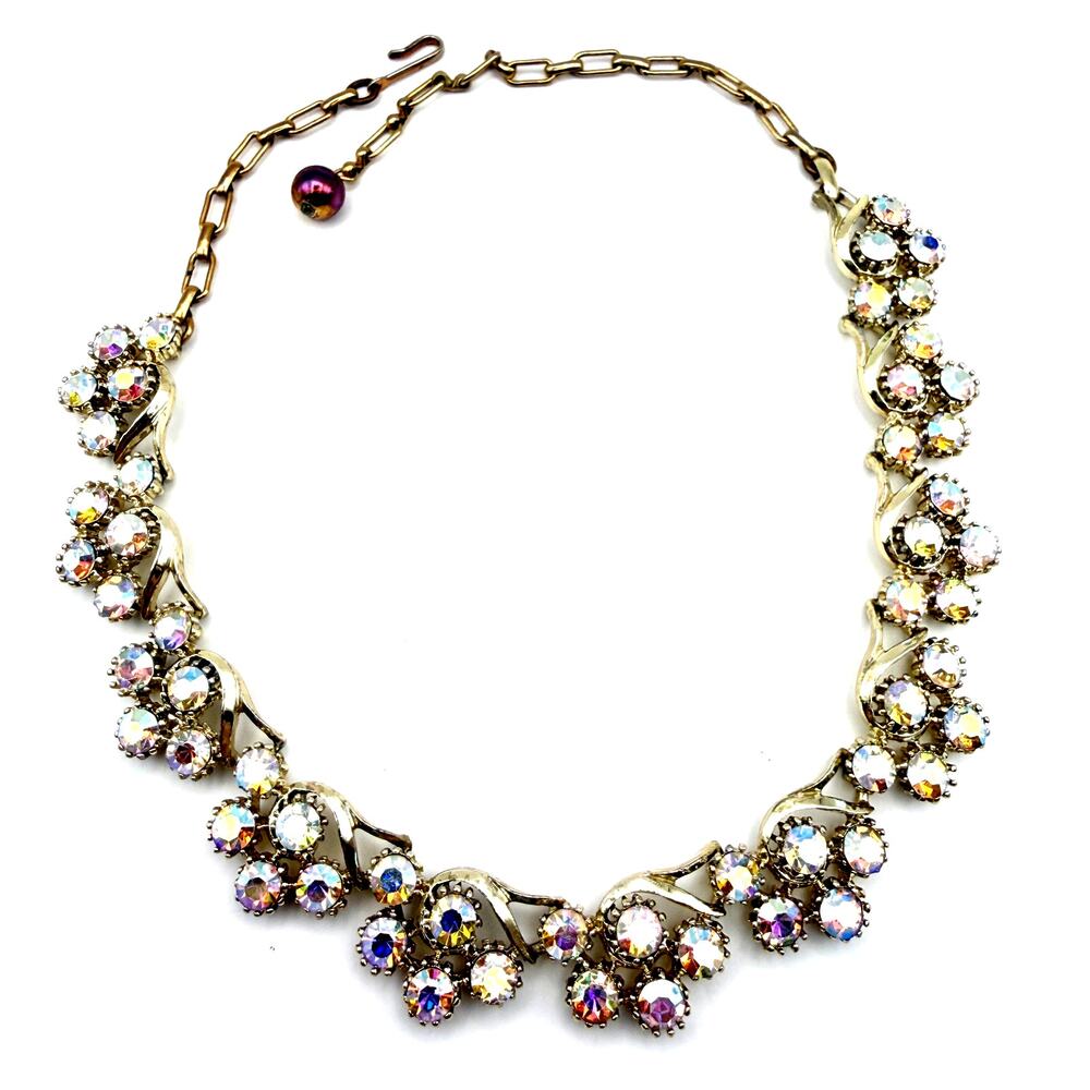 Vintage Mid-Century Floral Aurora Borealis Crystal Gold Tone Choker Necklace 14"